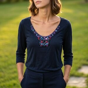 Susan Lawrence 1X Woman Vintage Black Beaded Embellished V-Neck Top Made in USA